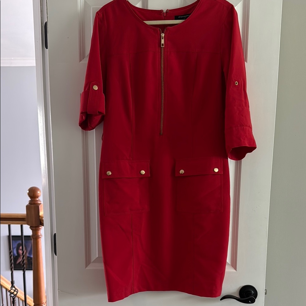 Sharagano Red Sheath Dress 3/4 Sleeve Crew Neck
